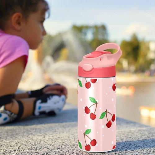 Cherry Water Bottle - Leakproof Double-Walled Stainless Steel Thermo Flask with Straw Lid | Ideal for Kids & Girls