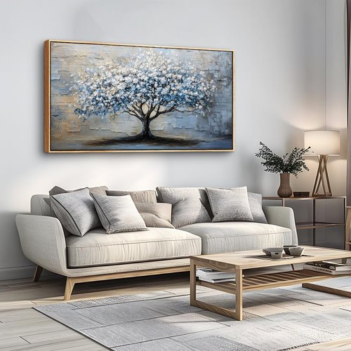 ERQINHUA Wood Framed Wall Art for Living Room, Office, Bedroom - Large Abstract Blue Grey Tree Painting Canvas - Farmhouse Home Decor 20"X40"