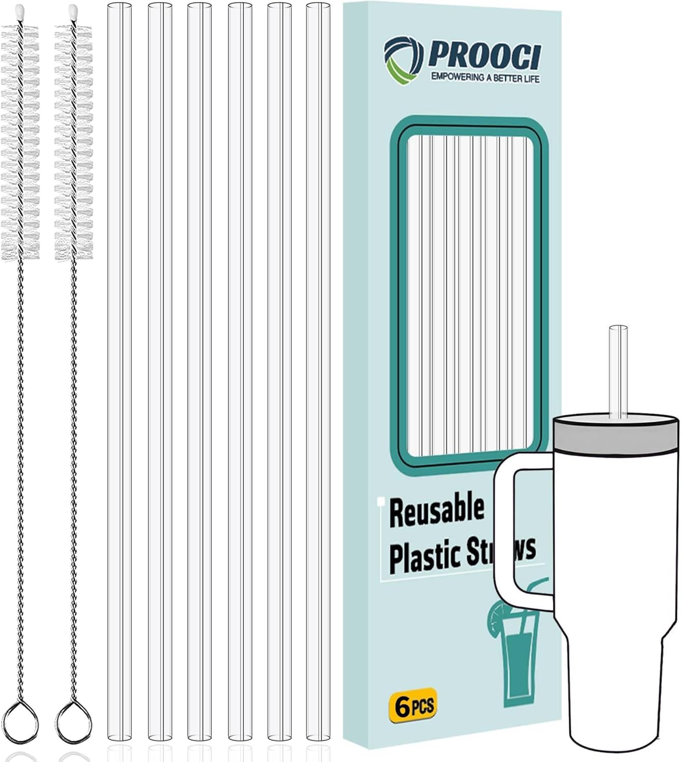 PROOCI 12" Replacement Straws - 6-Pack Food Grade Tritan Plastic for Stanley & Yeti 30oz-40oz Cups | Includes 2 Cleaning Brushes