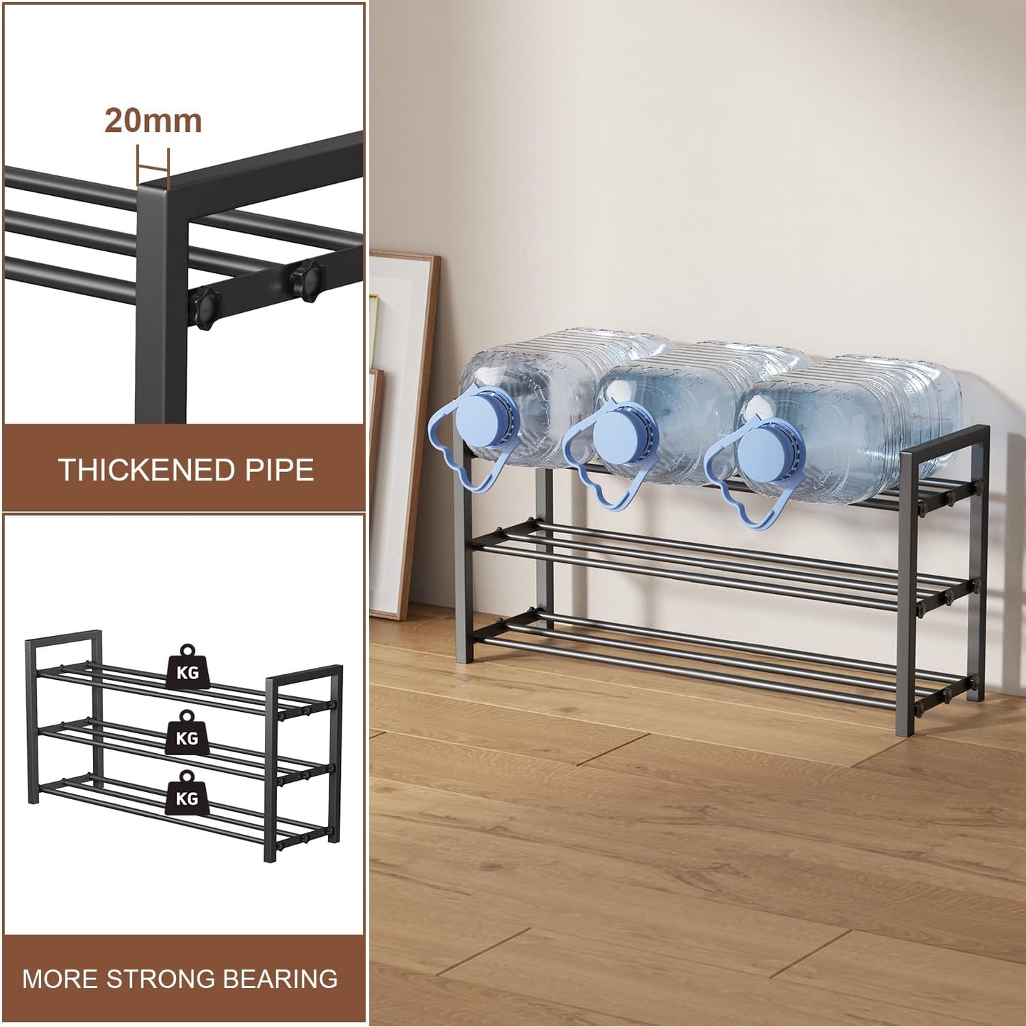 Skiennix 3-Tier Expandable Shoe Rack - Adjustable Heavy-Duty Metal Organizer for Entryway | Black