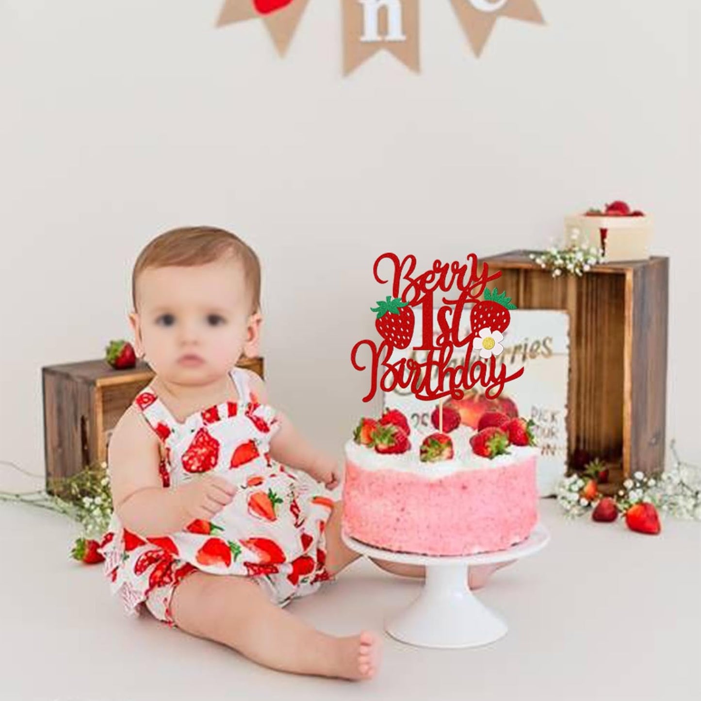 Skiennix 1st Birthday Cake Topper - Glittery Strawberry Design for Sweet Fruit Theme Party