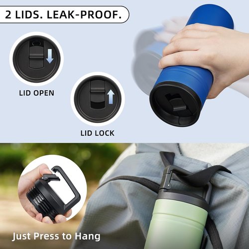 BJPKPK Insulated Water Bottle - 20 oz Double Wall Stainless Steel Tumbler with 2 Lids | Sapphire Blue
