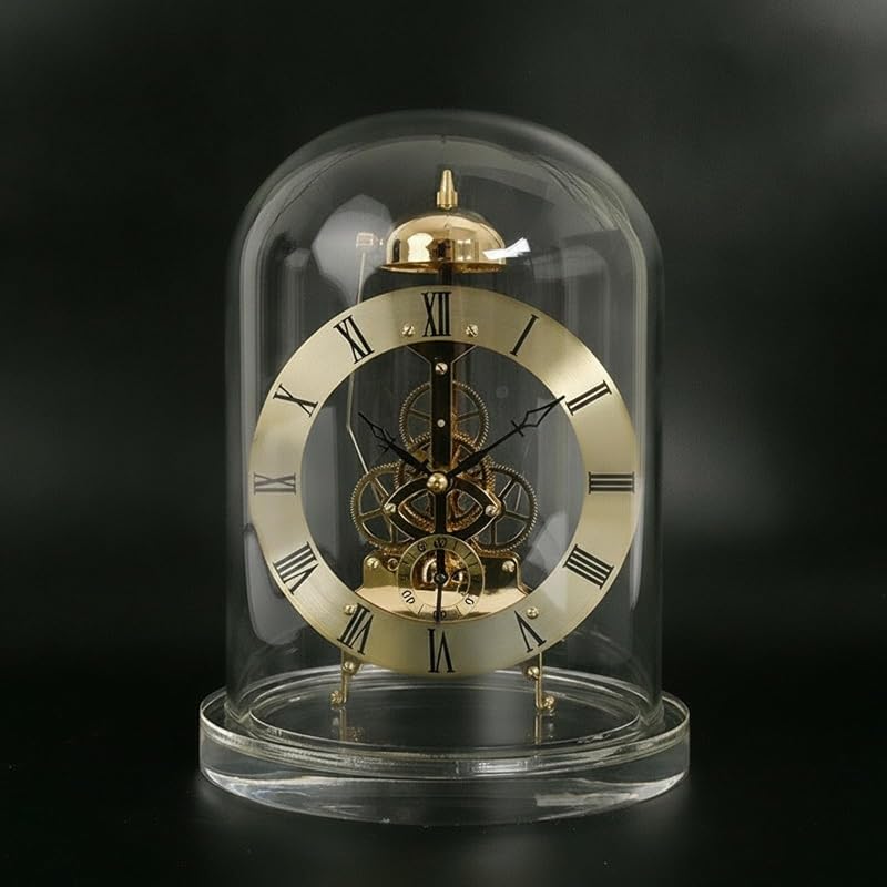 Gold Clock Mechanical Table Clock with Visible Gears, Roman Numerals, 360° Clear Dome