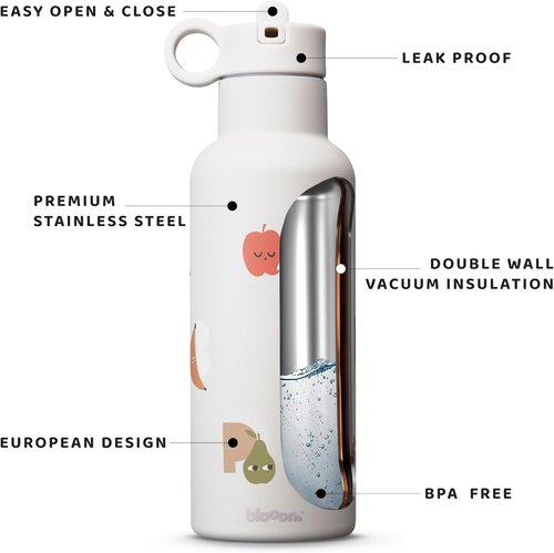 Blooom Insulated Stainless Steel Kids Water Bottle - Durable, Leakproof Design | 12 oz, Alphabet Print for School & Travel