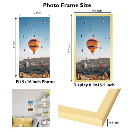 JCJMY 9x16 Picture Frame Gold for Wall Hanging, Wall Mounting Horizontally or Vertically, 9 x 16 Wall Gallery Poster Photo Frame with Shatter Resistant Plexiglass, Gold