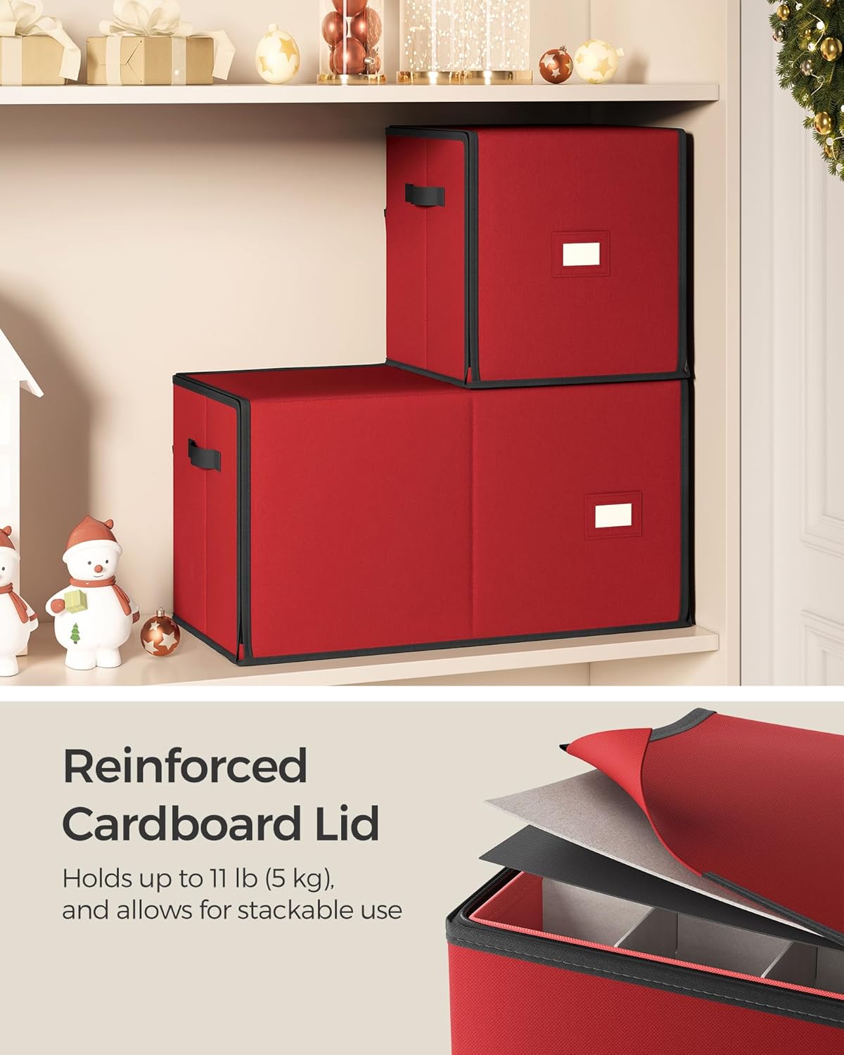 SONGMICS Christmas Ornament Storage Box - Stackable Container with 128 Slots & Lid - Cherry Red, 600D Oxford
