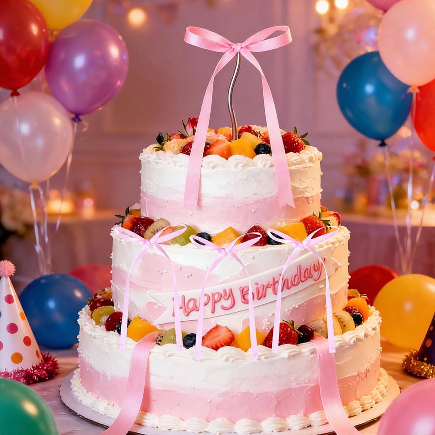Skiennix 30Pcs Bow Cake Toppers - Pink Bowknot Decorations for Birthday & Wedding Parties