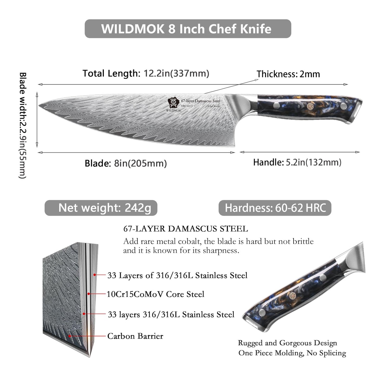 WILDMOK Chef Knife,8 inch Damascus Japanese Chef Knife,Japanese VG10 Steel Black Resin Handle kitchen knives,Japanese Damascus Kitchen Cooking chef's knives