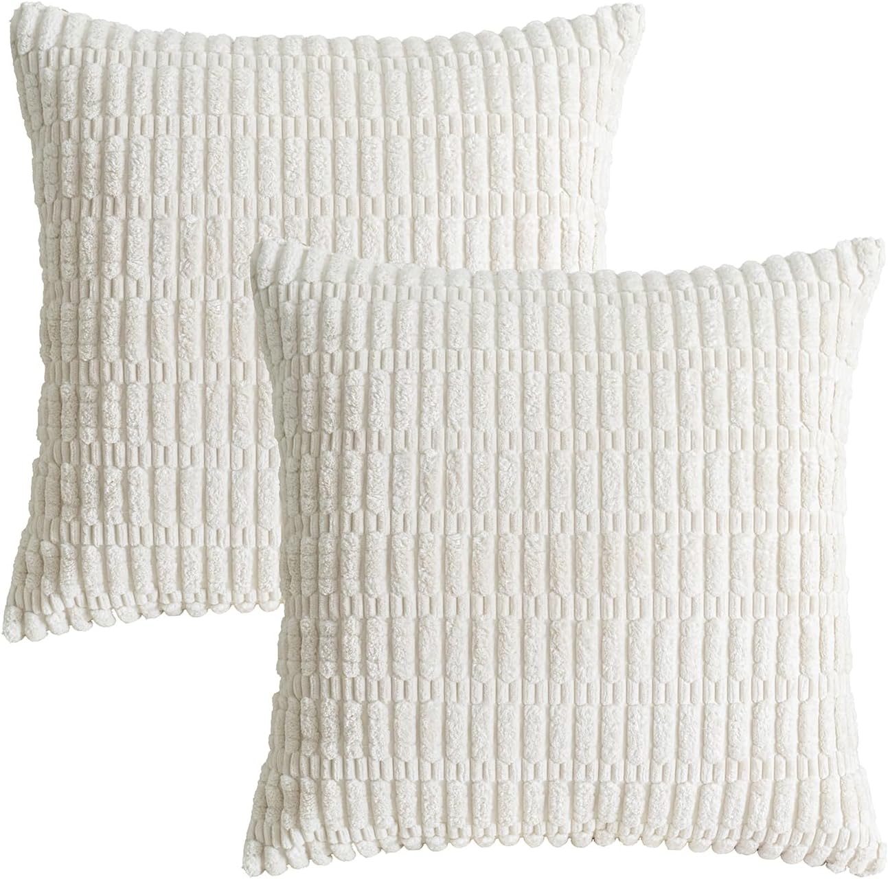 Skiennix Corduroy Throw Pillow Covers - Soft Boho Striped Design | 18x18 Inch Cream White Set of 2