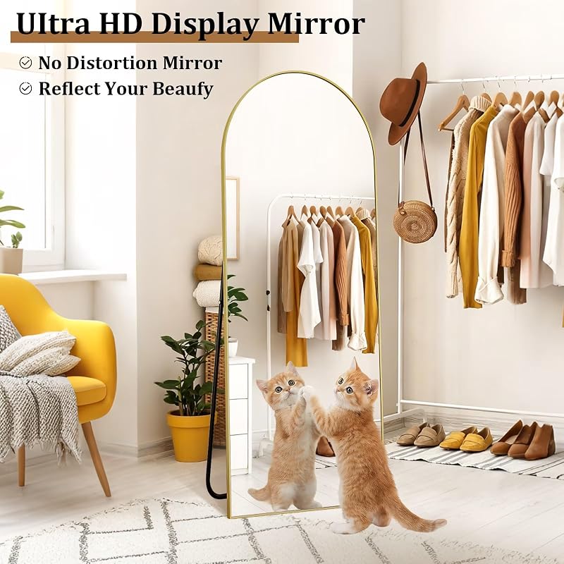 Arched Full-Length Floor Mirror with Gold Aluminum Frame — 59x16in, Free-Standing