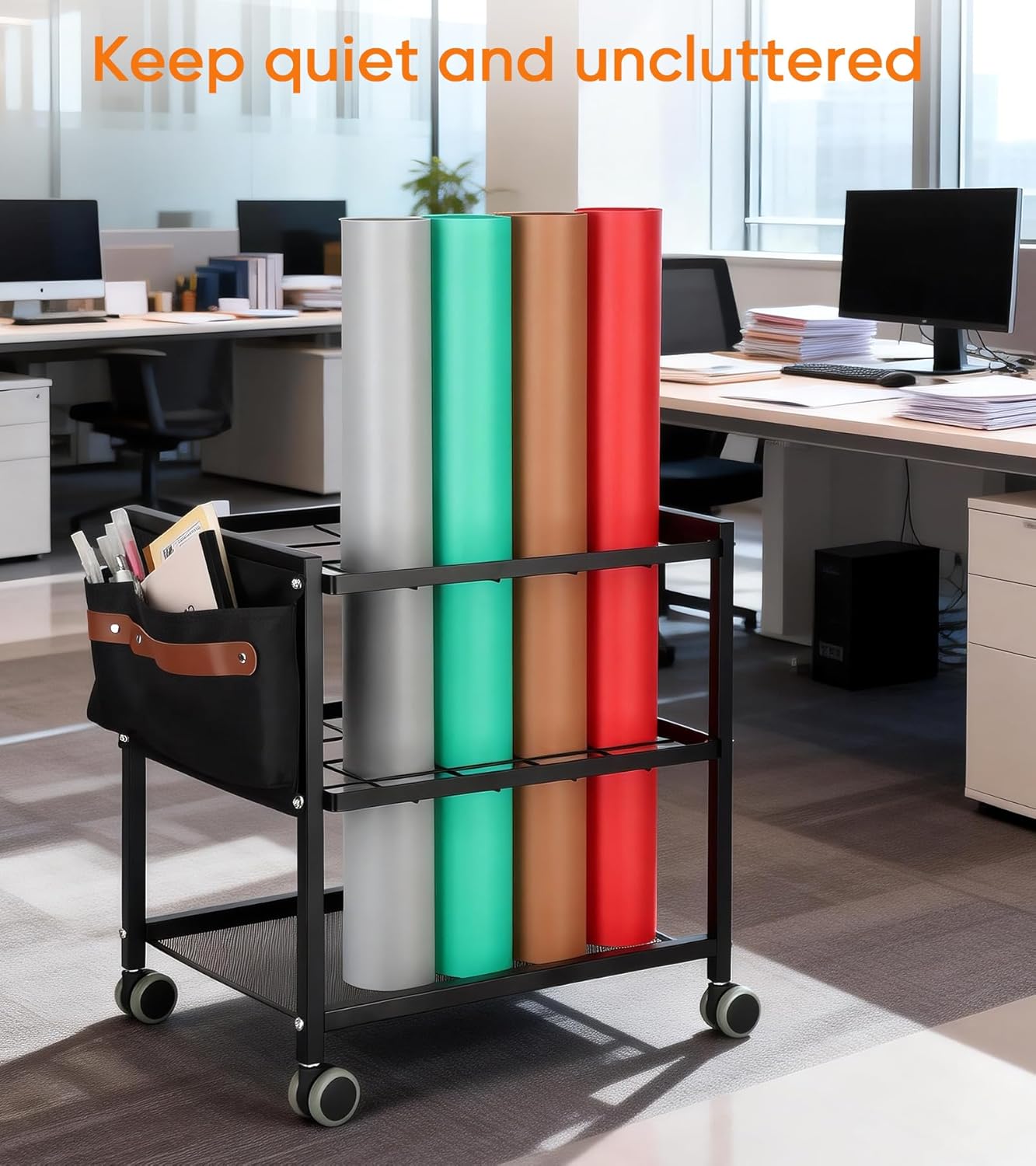 Blueprint Storage Rack Cart - Metal Mobile Holder with 20 Slots & Side Storage Bags | 3.2” x 3.2” Grids