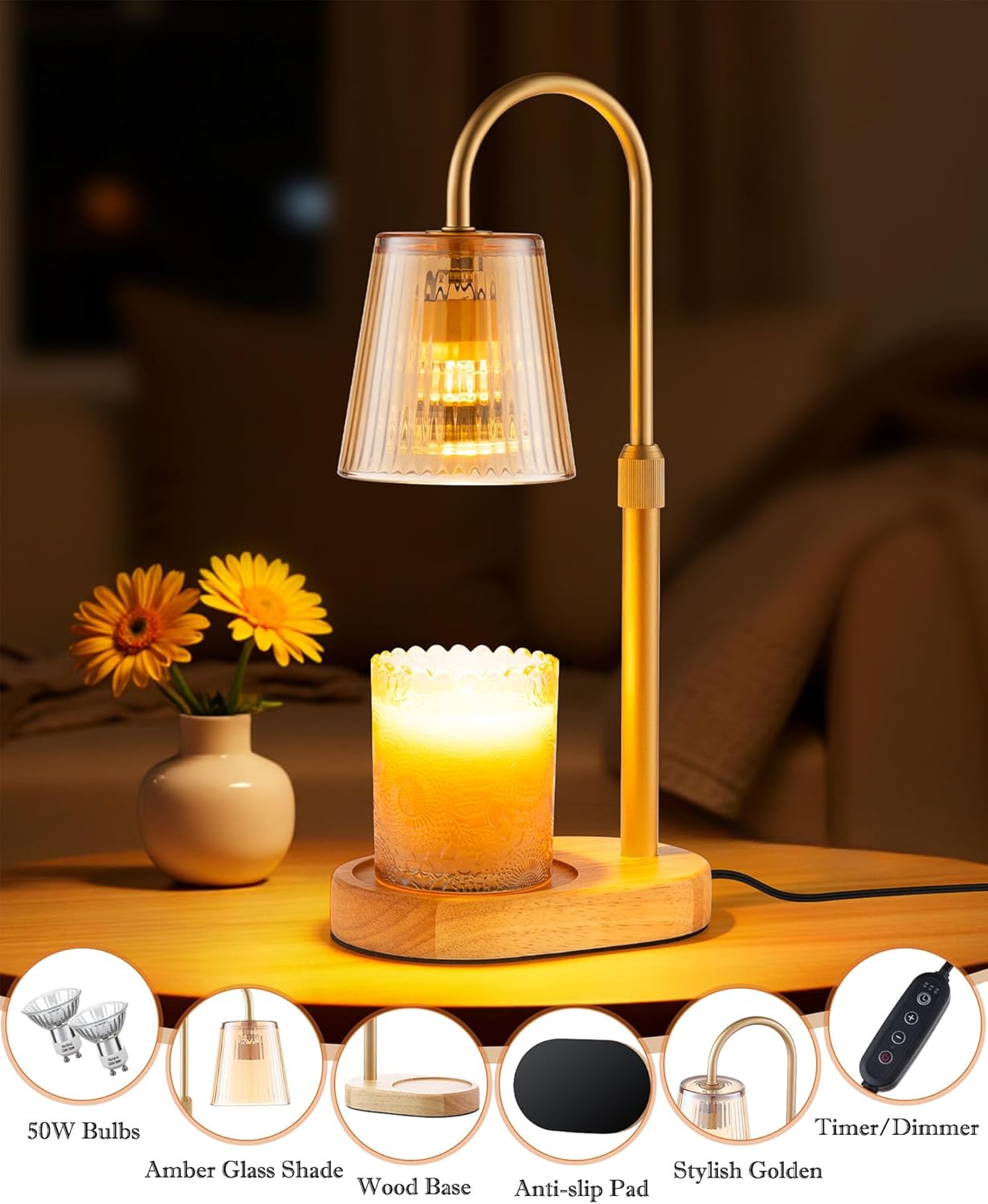 Skiennix Adjustable Candle Warmer Lamp - Dimmable Electric Wax Melter with Timer | Modern Home Decor Gift