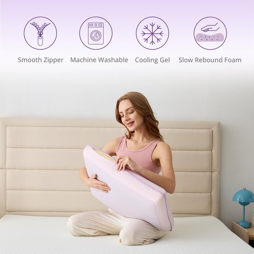 Cooling Pillow for Sleeping, Gel Memory Foam Pillow with Reversible Cover, Neck Support for Side, Back and Stomach Sleepers, Removable & Machine Washable Cover, Bed Pillows for Hot Sleepers, Purple