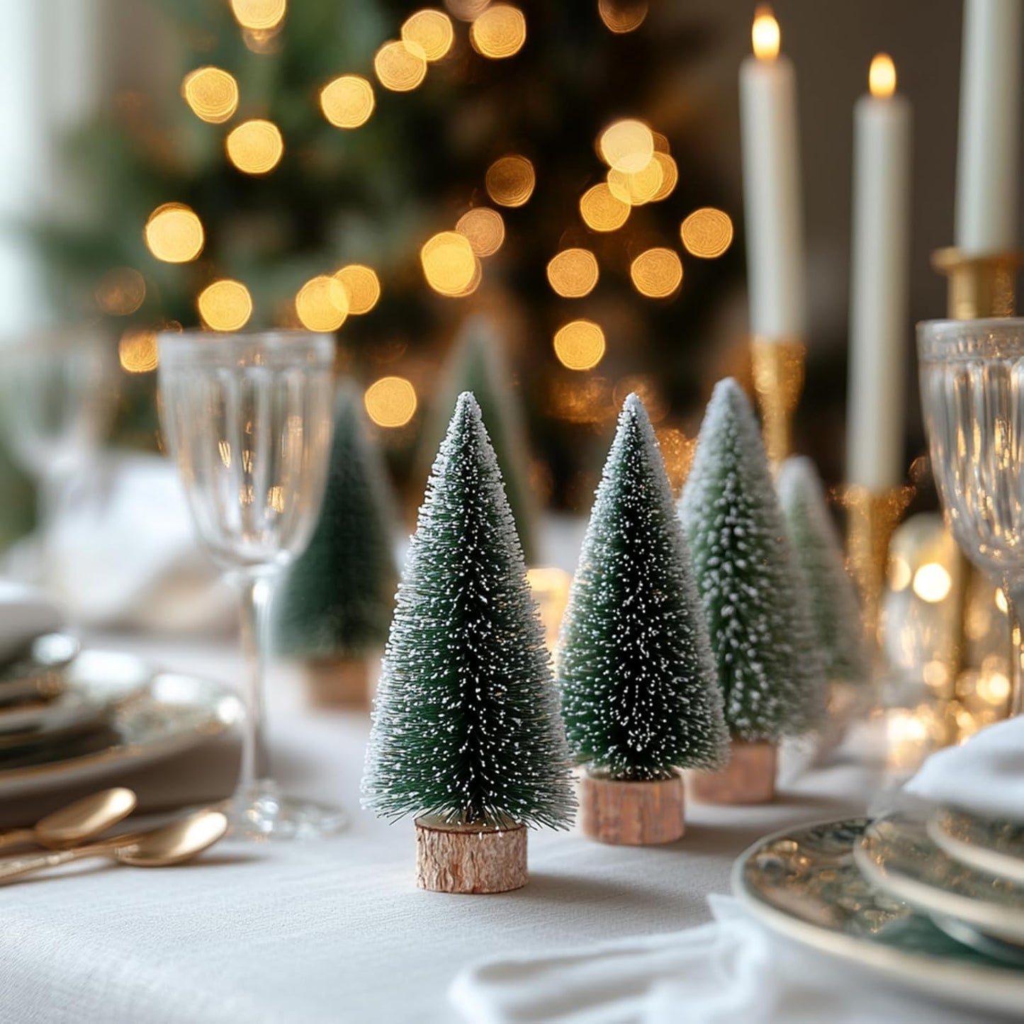 Skiennix 10-Pack Mini Christmas Bottle Brush Trees - 4-Inch Snowy Ornaments with Wooden Base for Festive Decor