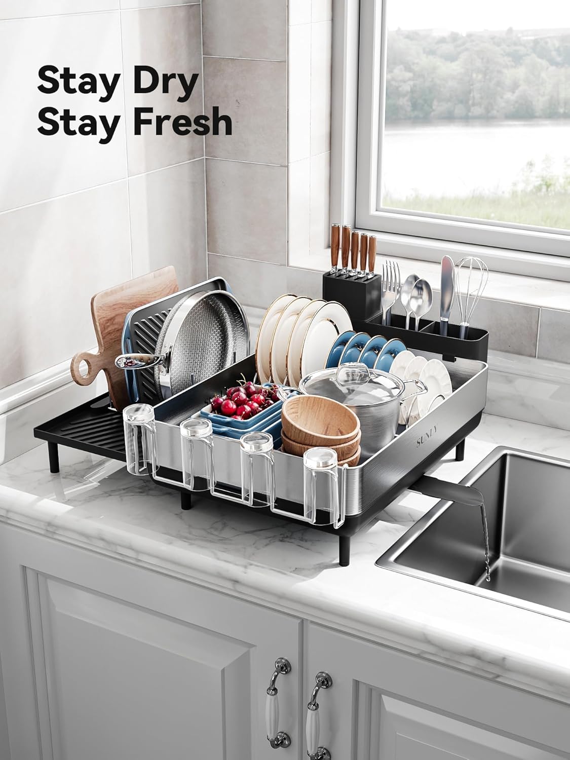 SUNLY Large Dish Drying Rack - Expandable 304 Stainless Steel Kitchen Drainer | Space-Saving Black Design