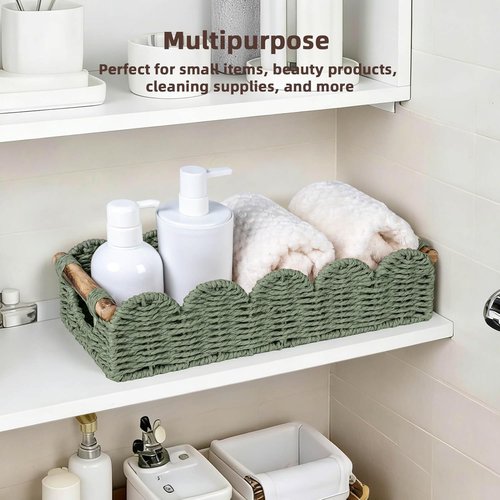 CubesLand Bathroom Basket Organizer - Scalloped Wicker Storage Tray with Cut-Out Handle | Green