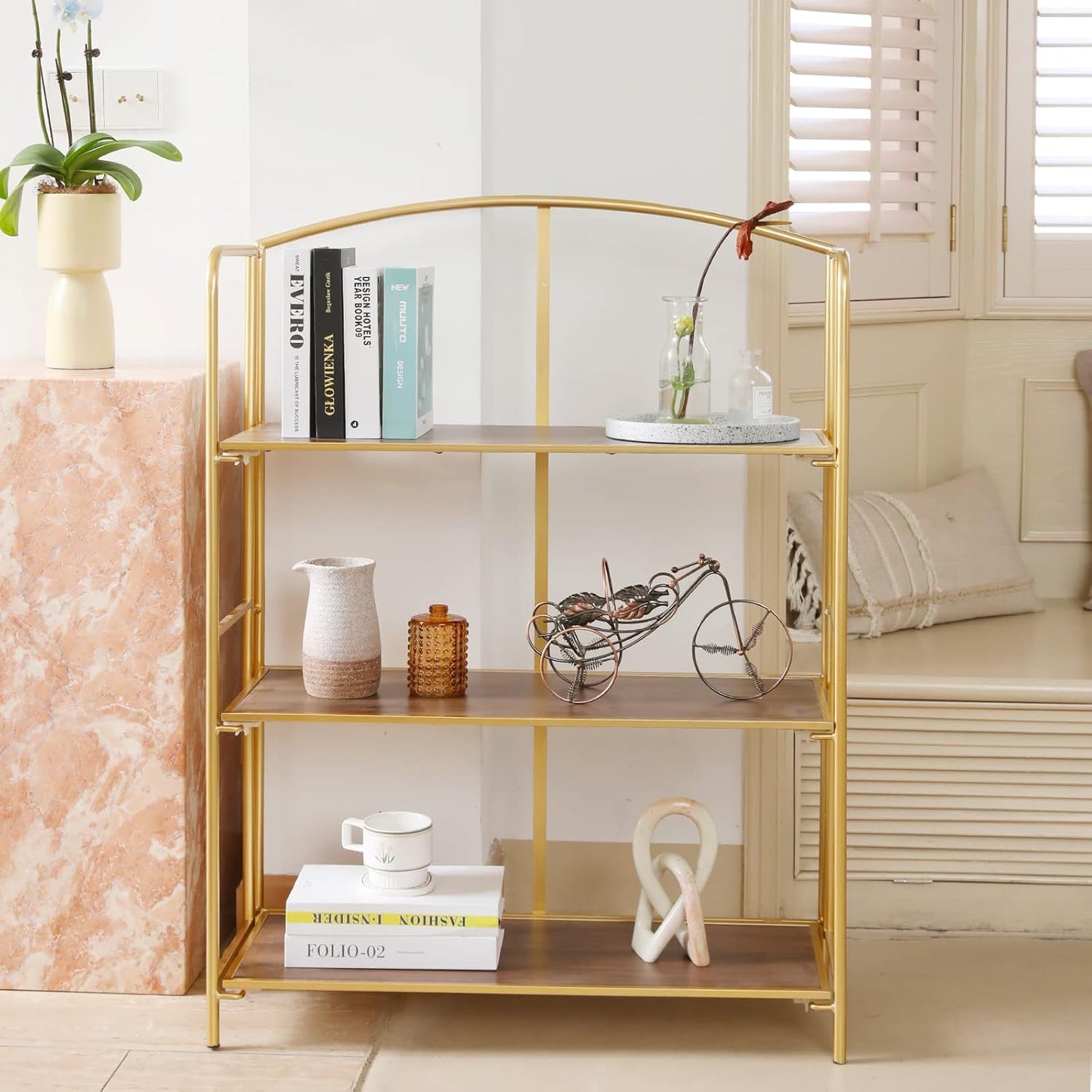 Crofy Folding Bookshelf - 3 Tier Gold Collapsible Bookcase for Living Room & Home Office Storage