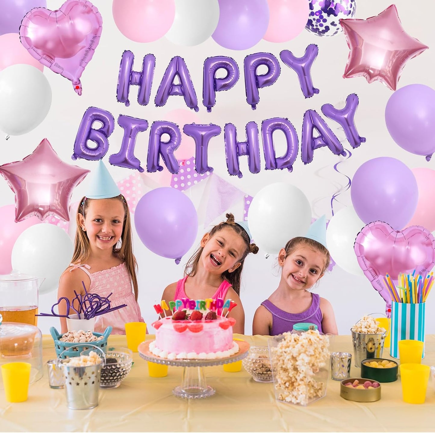 Regine Switzerland Pink & Purple Birthday Decorations - Balloons, Banner & Confetti Set for Parties