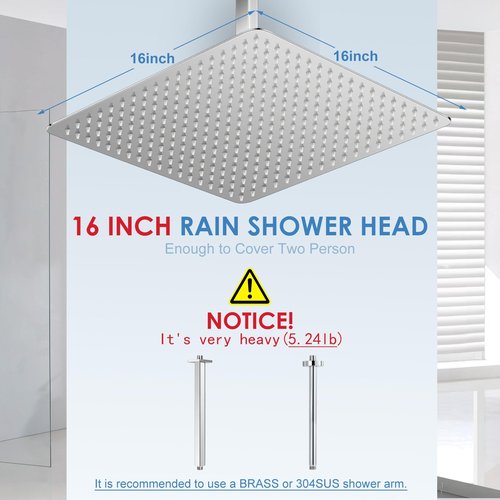 KINLIV 16 inch Large Rain Shower Head Ceiling Mounted - All Metal 304 Stainless Steel, Full Body Rainfall Shower with 324 Silicone Nozzles - Waterfall Bathroom Square Showerheads, Chrome Polished