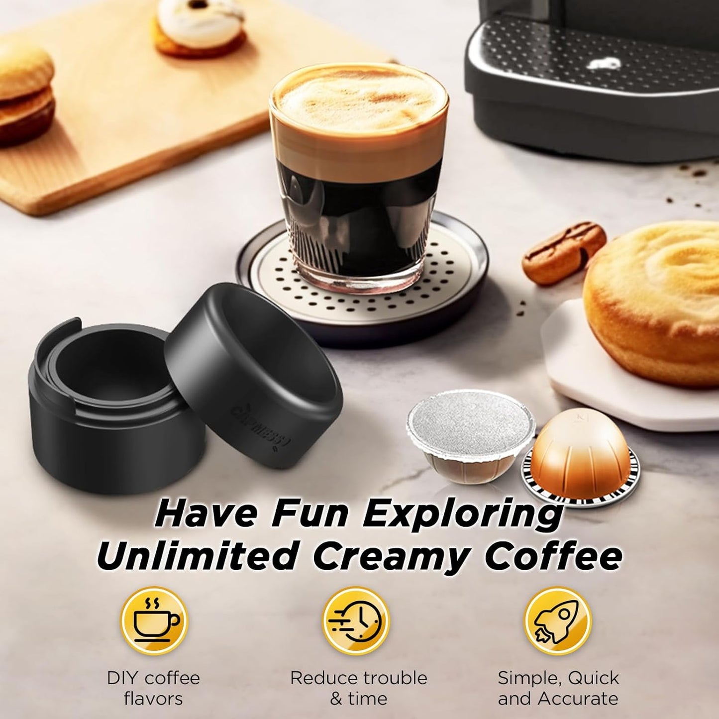 CAPMESSO Reusable Vertuoline Pod Refill Kit - 50 Aluminum Lids with Fill & Press Brush for Easy Use