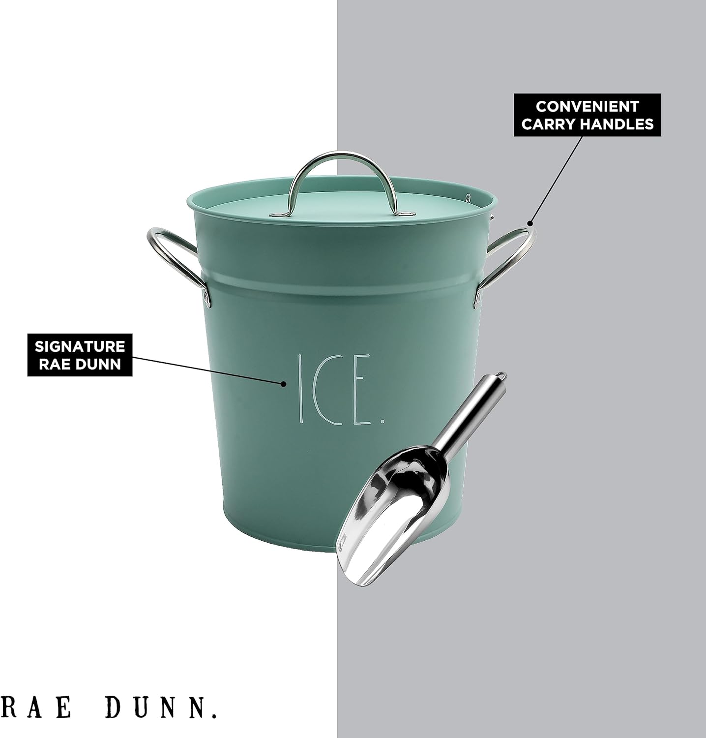 Rae Dunn Ice Bucket with Scoop - Stainless Steel Bucket with Handle, Lid and Ice Scooper - 4 Qt. Storage Bin for Ice Cubes for Bars, Parties, Backyard Barbeques, Picnics, and Camping (Sage)