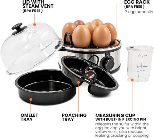 Elite Gourmet Electric Egg Poacher - Easy Omelet & Boiled Egg Cooker with Auto Shut-Off | 7 Eggs, Stainless Steel