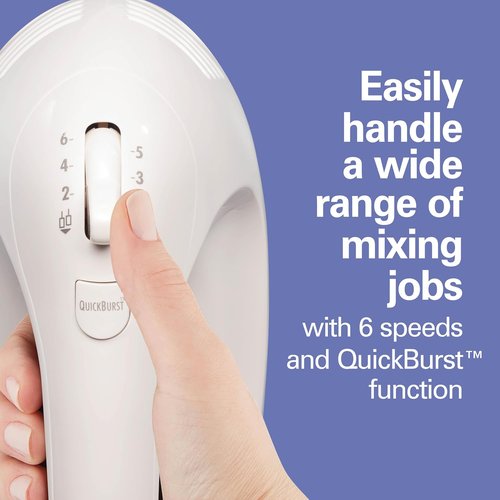 Hamilton Beach 6-Speed Electric Hand Mixer - Powerful 275W Motor, Whisk & Dough Hooks, Easy Clean, White