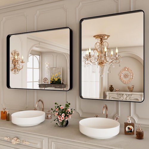 ISTRIPMF 22x30 Inch Black Bathroom Mirror,Rectangle Wall Mirror for Bathroom,Round Corner Matte Black Metal Framed Mirror(Horizontal/Vertical)