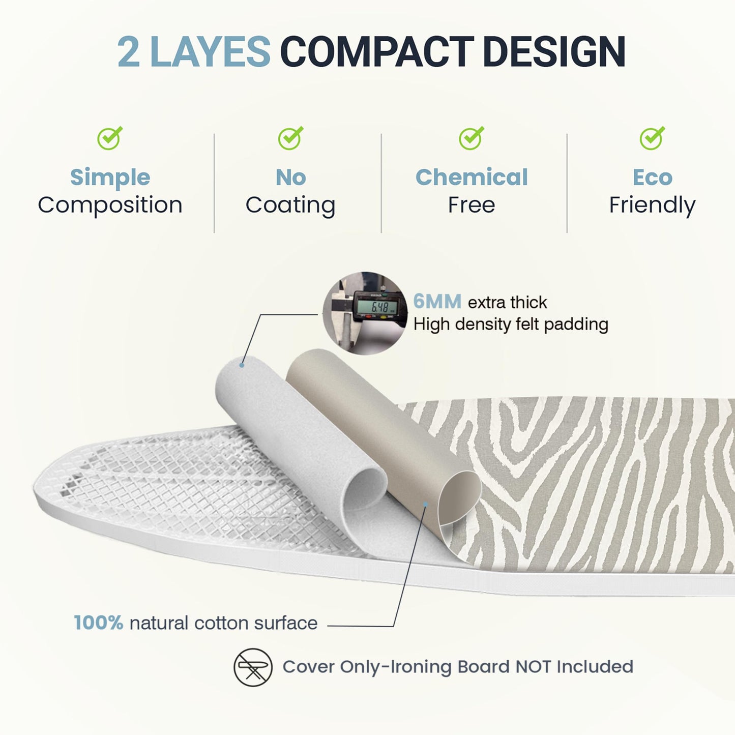 UniSimp Ironing Board Cover and Pad 18"x54" Extra Thick Natural Cotton, Scorch and Stain Resistant Iron Board Cover, Extra Large Iron Board Cover with Fasteners Heavy Duty Heatproof Elastic Edge Zebra