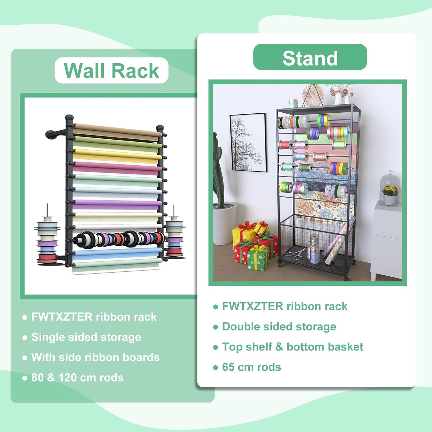 Skiennix 16-Tier Ribbon Organizer Rack - Double-Sided Craft Storage with Wheels | Metal Display Shelf