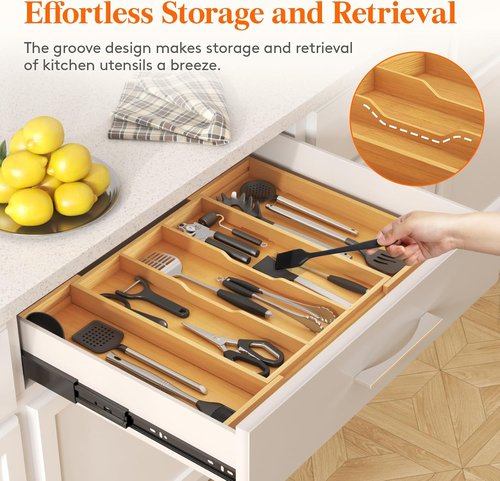 Lifewit Utensil Organizer - Expandable Kitchen Drawer Tray for Cutlery & Silverware | Natural Wood, 15.6-28 x 18.5