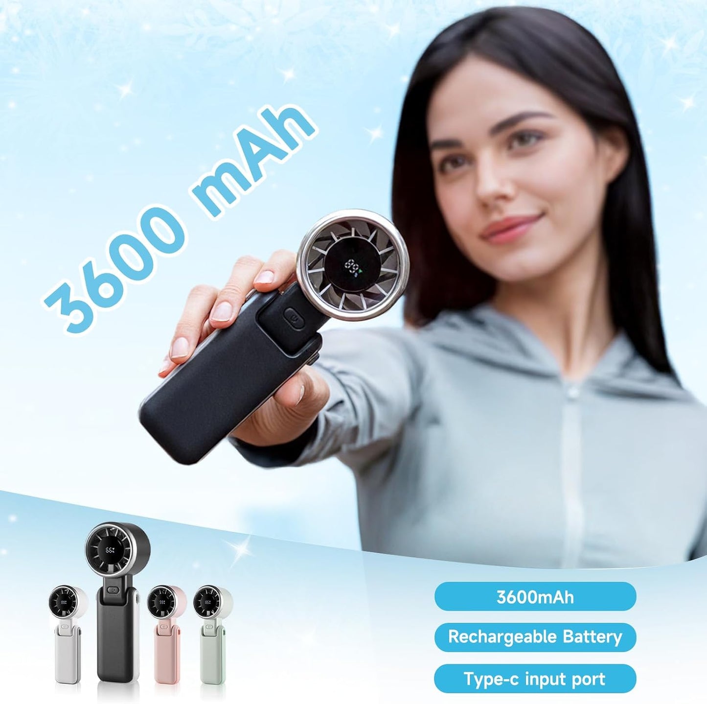 Skiennix Portable Handheld Turbo Fan - 180° Folding Design, 5 Speed USB Rechargeable | Ideal for Travel & Summer (Black)