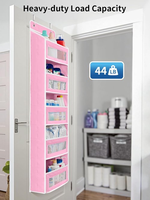 JARLINK Over The Door Organizer - 5 Shelf Hanging Storage with 5 Large Pockets | Anti-Tilt Design, Pink