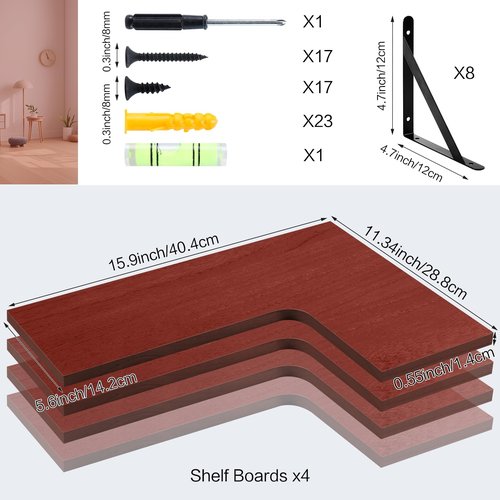 PUREZON Corner Floating Shelves Set of 4,Corner Wall Shelves,Rustic Wood Wall Mounted Shelf for Home Decor, Living Room, Bedroom, Kitchen, Bathroom,Office(Red,15.9 x 11.4 inch)