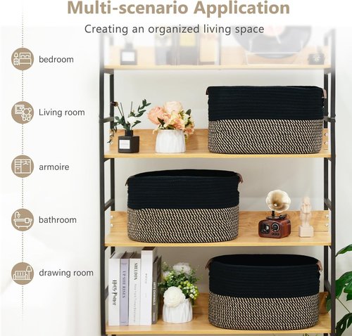 ECDYQXVU Cotton Rope Basket - Stylish Storage Solution with Handles | 15x10x9 Inch | Black Brown
