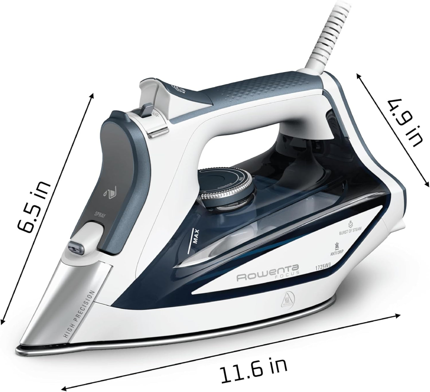 Rowenta Focus Excel Steam Iron - 1725 Watts with Anti-Drip Protection | Grey Iron Steamer for Clothes