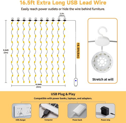 HXWEIYE 300LED Curtain Lights - 9.8x9.8Ft USB Fairy Twinkle String Lights with Remote & Timer | Warm White Decor