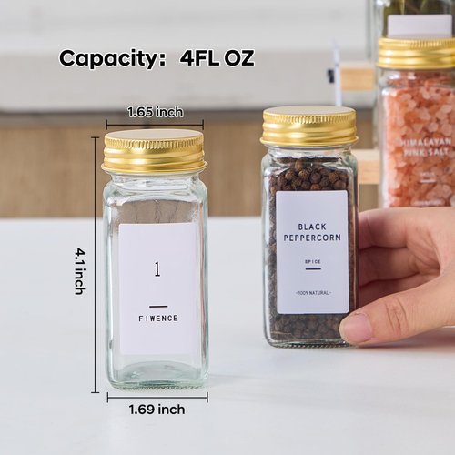 Fiwence 48 Pcs Glass Spice Jars with 576 Labels, 4oz Empty Square Spice Containers,Seasoning Bottles with Gold Metal Caps - Shaker Lids, Funnel and Chalk Pen Included