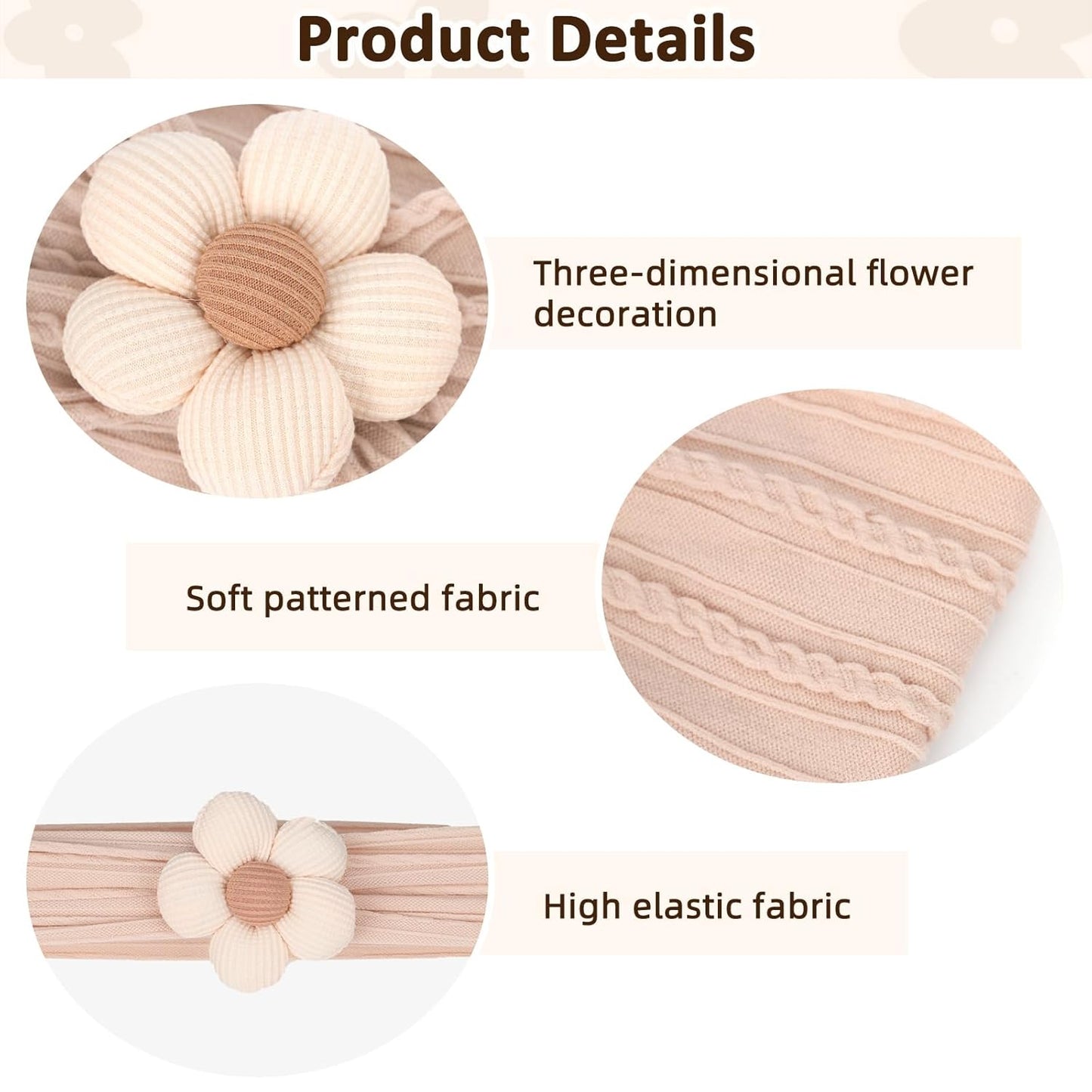 MIUXUESO Baby Flower Headbands - Soft Nylon Hair Accessories for Newborns & Toddlers | 3 Pcs Set (Yellow, Pink, Brown)