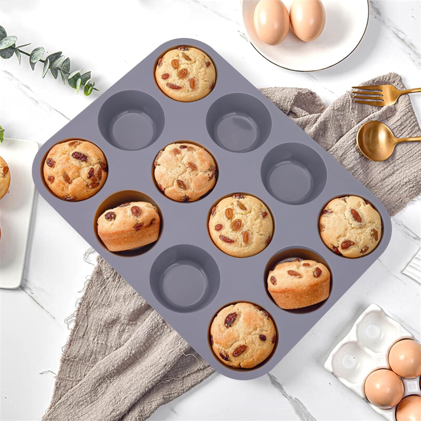 Skiennix Silicone Muffin Pan - Nonstick 12-Cup Bakeware Set for Muffins, Tarts & Bread - 3 Pack