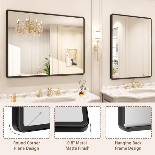 pertetey New Upgrade 24X32 Inch Wall Mounted Bathroom Mirror, Black Metal Frame Rounded Rectangle Mirror, Bathroom Vanity Mirror with Tempered Glass for Washroom Bedroom Living Room