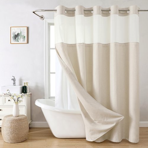 eachope No Hooks Needed Linen Textured Shower Curtain with Snap-in Fabric Liner Set,Cream Hotel Luxury Decor Shower Curtains for Bathroom,Waterproof & Washable,71Wx77H