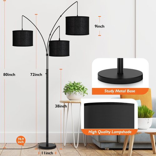 3 Lights Arc Floor Lamps for Living Room, Black Modern Tall Standing Lamp Hanging Over The Couch with Shades & Heavy Base,Mid Century Tree Floor Lamp for Bedroom Office