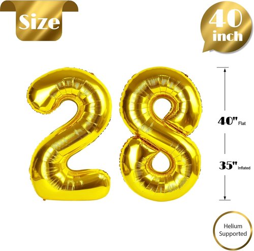 Gold Number 28 Balloon - 40 Inch 28th Birthday Decoration for Men & Women | Elegant Golden Party Supplies