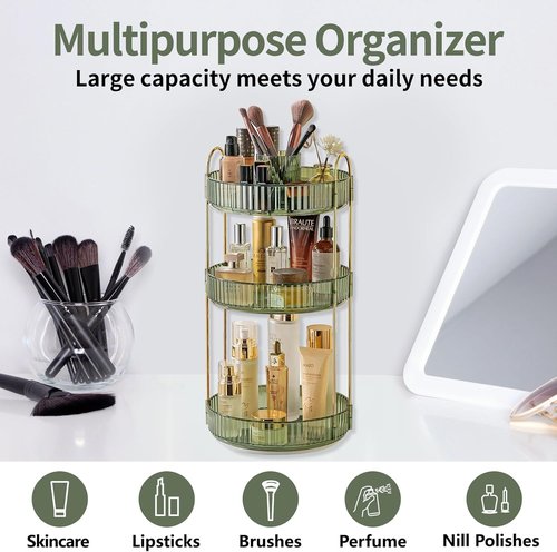 Asayuee 360 Rotating Makeup Organizer - Large 3-Tier Storage for Skincare & Cosmetics | Green