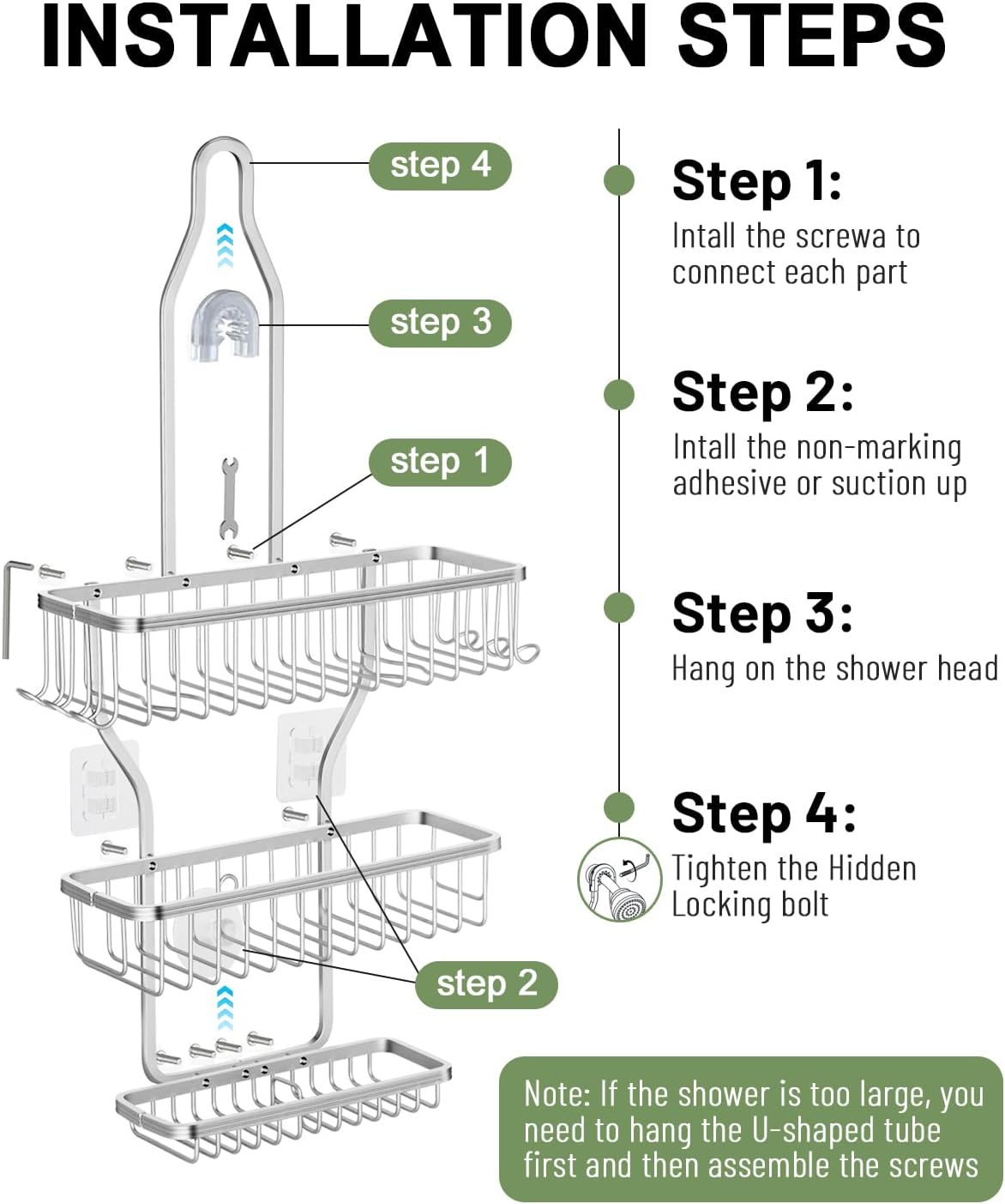 Regine Shower Caddy - Rust-Resistant Aluminum Hanging Organizer with 6 Hooks for Razors & Sponges | Silver