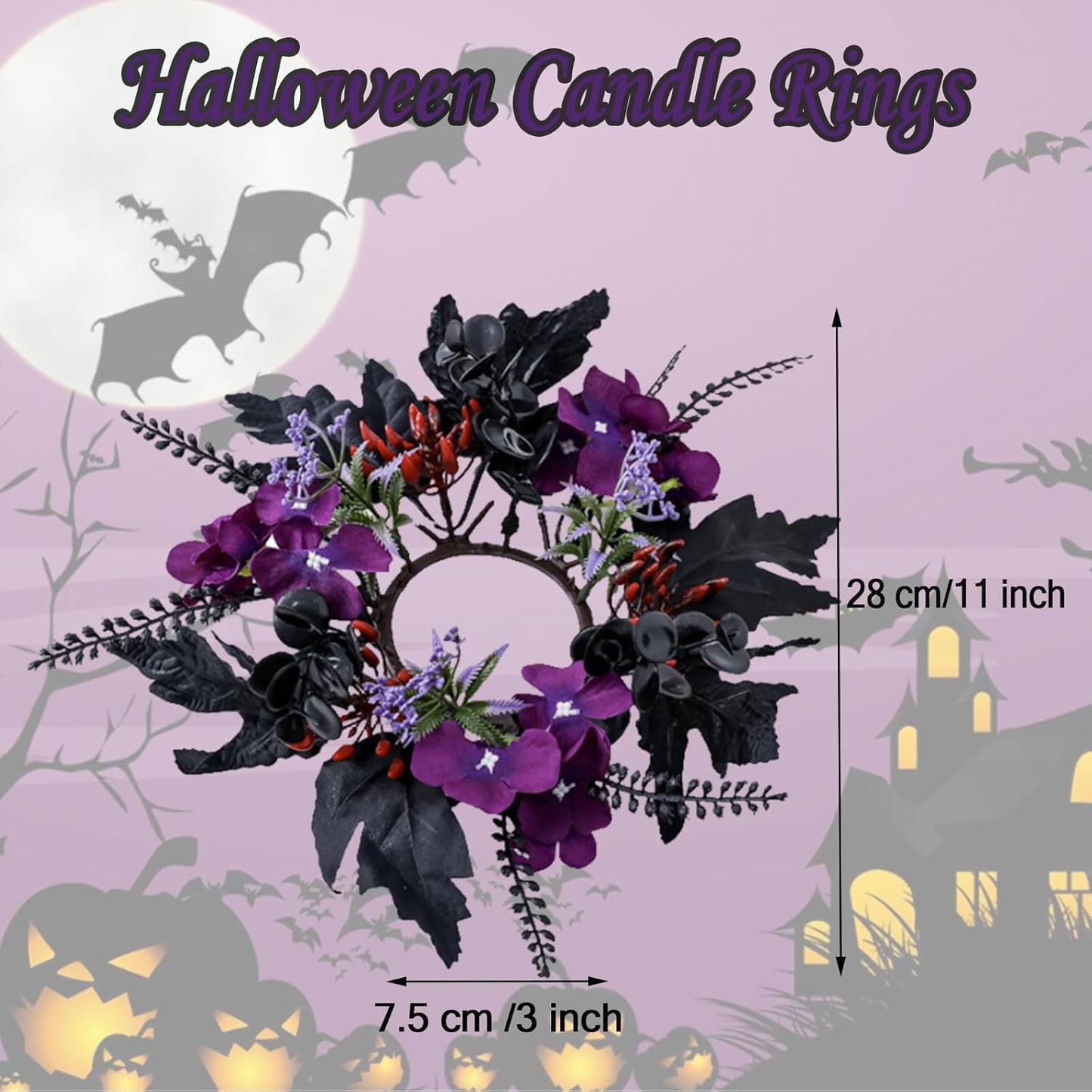 Purple Pansy Halloween Maple Leaf Candle Rings - Gothic Artificial Wreath for Table Centerpieces