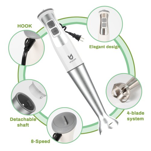 Immersion Hand Blender, UTALENT 5-in-1 8-Speed Immersion Blender with 500ml Food Grinder, 600ml Container,Milk Frother,Egg Whisk,Puree Infant Food, Smoothies, Sauces and Soups - White