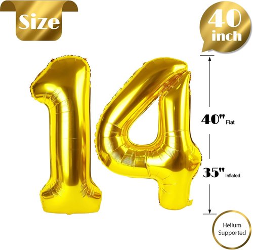 Gold Number 14 Balloon - 40 Inch Golden Birthday Decoration for 14th Party Celebrations