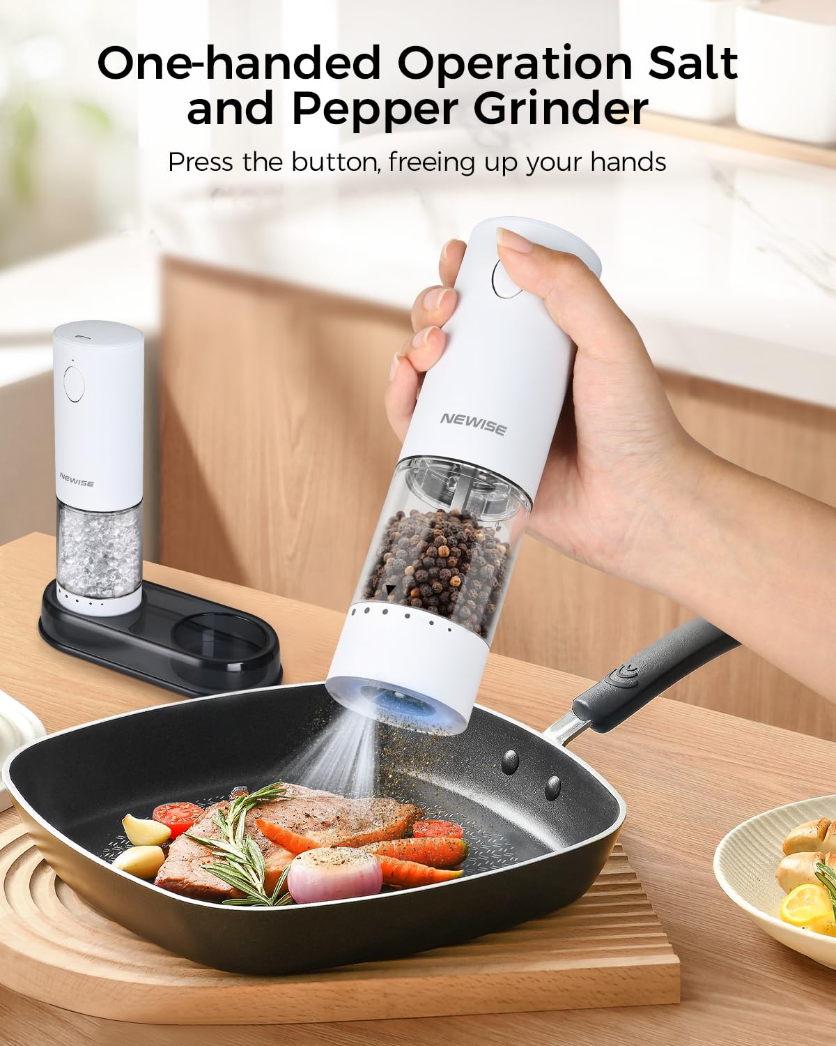 Newise Electric Salt and Pepper Grinder Set Rechargeable with Light, Automatic & Adjustable Coarseness, Kitchen Gadgets, Housewarming Gifts for New Home, 2 Pack, White